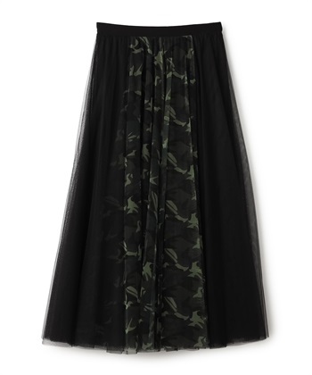 プリントメッシュフレアスカート(カーキ系-36)