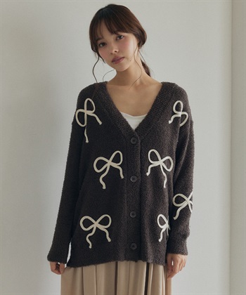 【LAFUKU/ラフク】ましゅまろニットリボン柄コード刺繍ルームウェアカーディガン（上下別売り）(ブラウン-M)