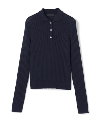 【SLOANEコラボ】 ワイドリブ丸襟ポロニット(ネイビー-F)