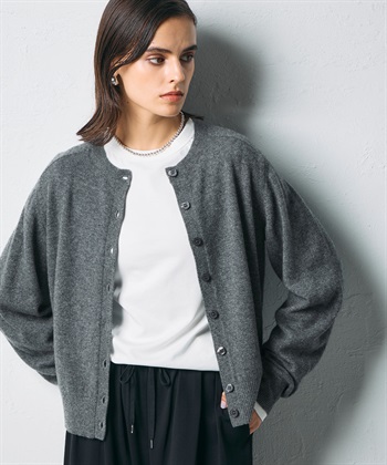 【CASHMERE100%】カシミヤクルーネックニットカーディガン(チャコール-F)