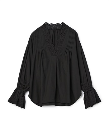 カットワーク刺繍ボリュームスリーブブラウス(ブラック-F)