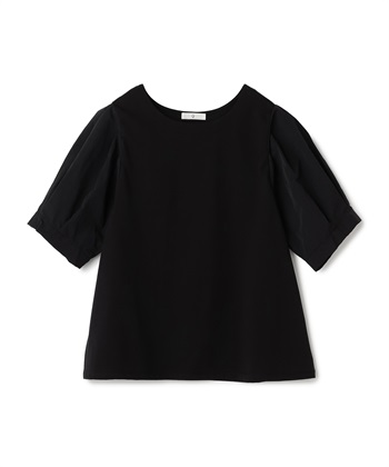 《汗染み防止》エブ楽 異素材ドッキングボリュームスリーブカットソー(ブラック-Ｍ)