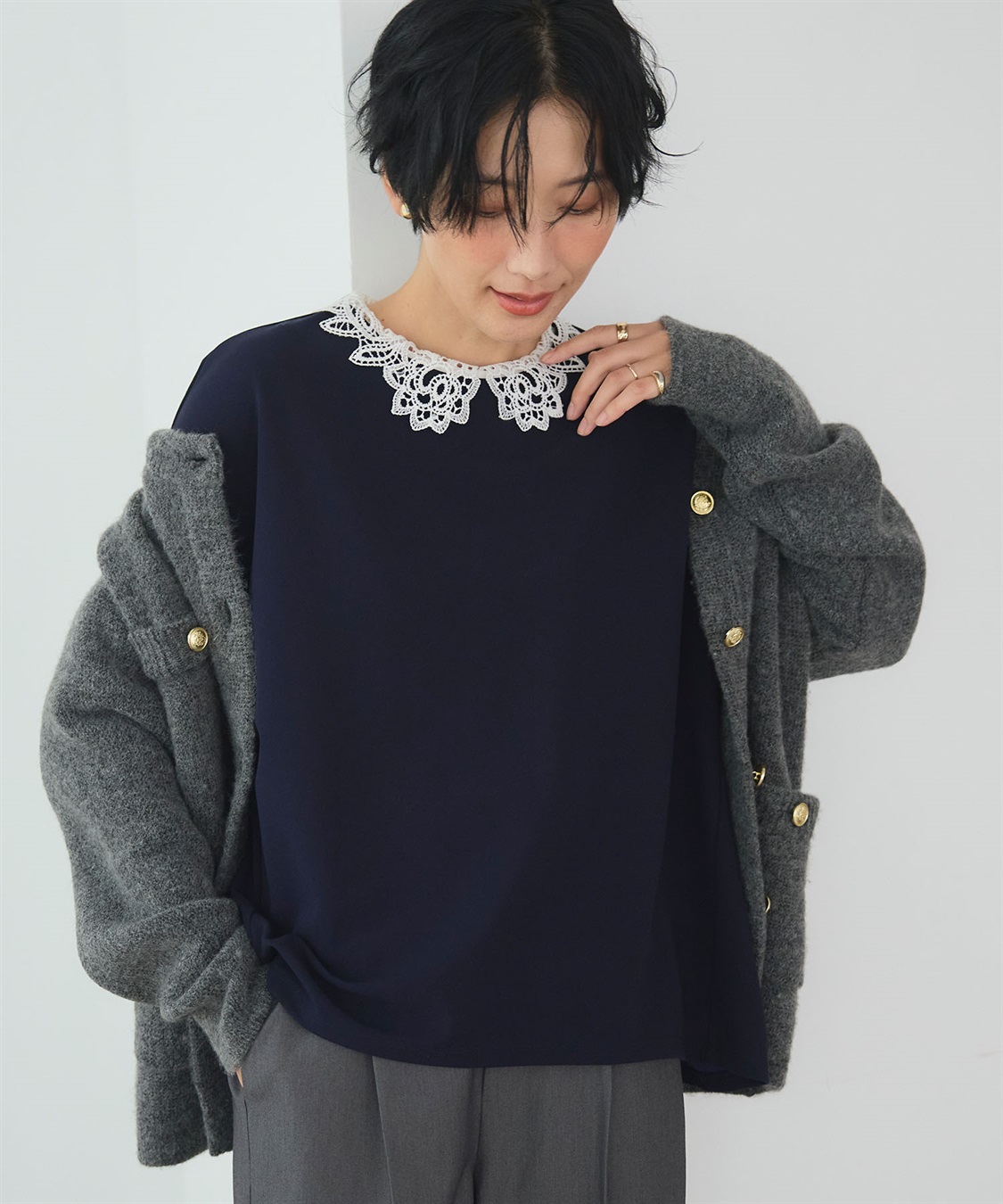 CROSS FUNCTION 《ストレッチ》サマ美え レース衿ジョーゼットバルーンスリーブトップス_main