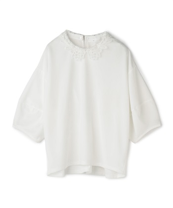 《ストレッチ》サマ美え レース衿ジョーゼットバルーンスリーブトップス(オフ-Ｍ)
