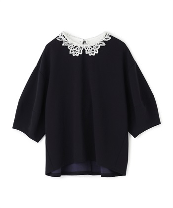 《ストレッチ》サマ美え レース衿ジョーゼットバルーンスリーブトップス(ネイビー-Ｍ)