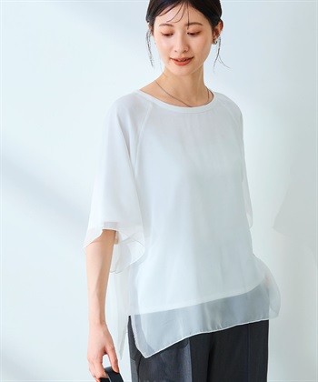 《マシンウォッシャブル》エブ楽 シフォンレイヤードトップス(オフ-Ｍ)