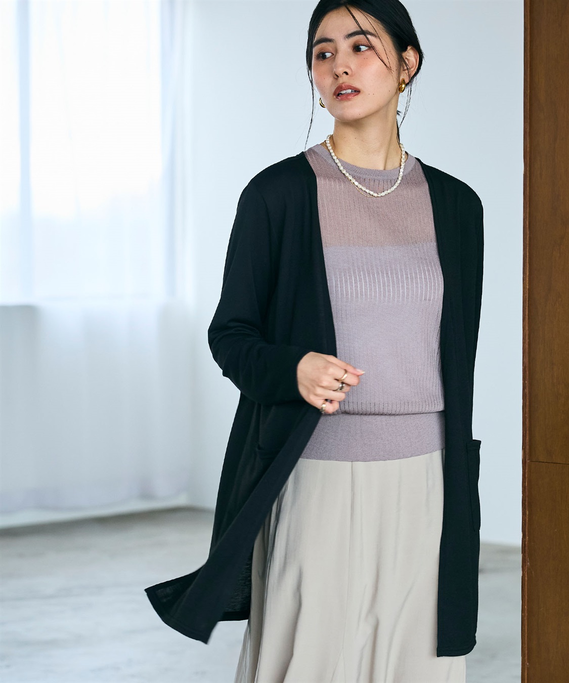 CROSS FUNCTION 《洗える》エブ楽 シアーVミドルカーディガン_main