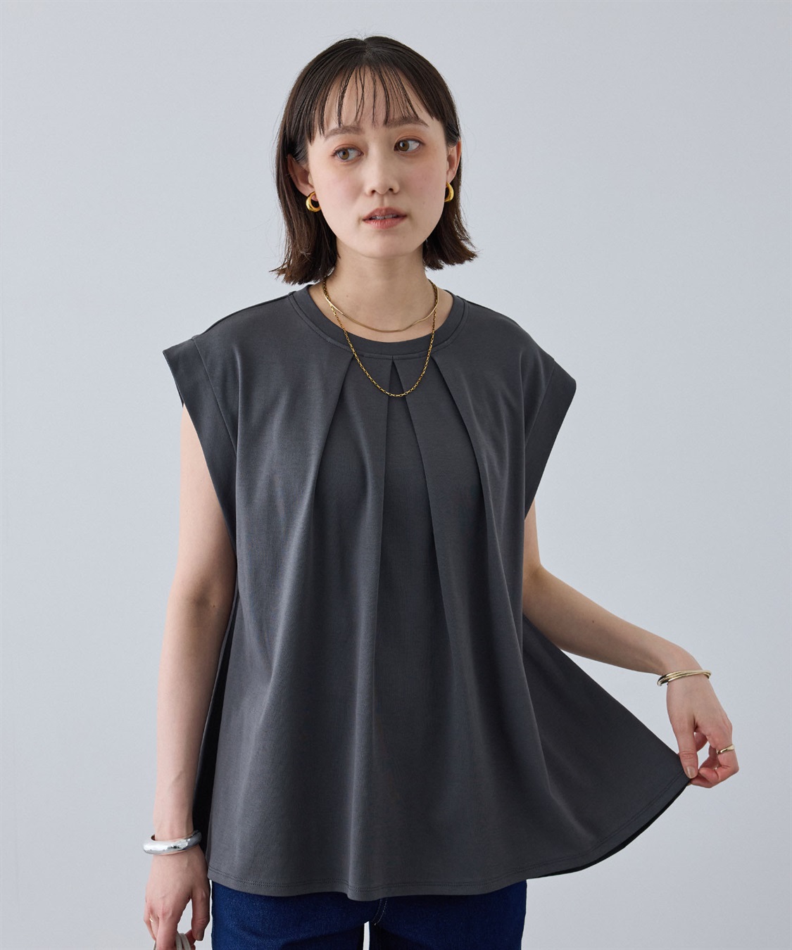 CROSS FUNCTION 《汗染み防止》エブ楽 天竺フロントタックノースリーブTシャツ_main