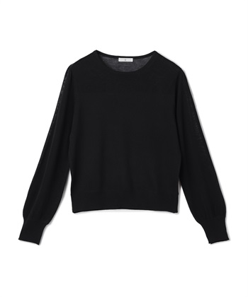 《洗える》サマナチュラ シアー切り替えパフスリーブニットトップス(ブラック-Ｍ)