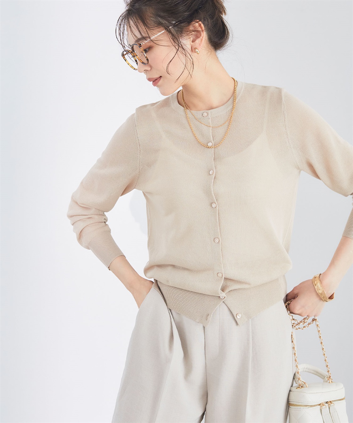 CROSS FUNCTION 《洗える》サマナチュラクルーネックシアーニットカーディガン_main