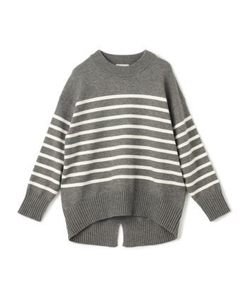 《洗える》エブ楽 バックスリットニット(ボーダー(杢グレー×オフ）-Ｍ)