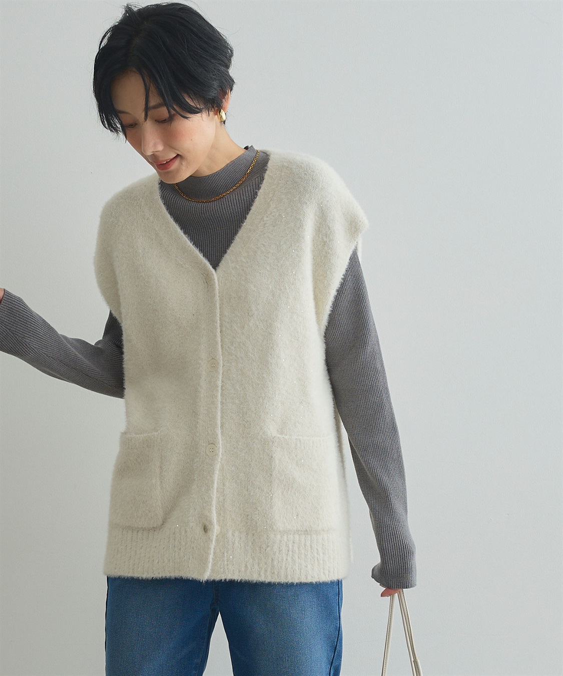 CROSS FUNCTION 《洗える》スパンコールフェザーニットベスト_main