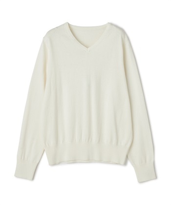 《洗える》綿100％Vネックベーシックニット(オフホワイト-Ｍ)
