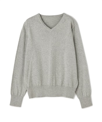 《洗える》綿100％Vネックベーシックニット(杢グレー-Ｍ)