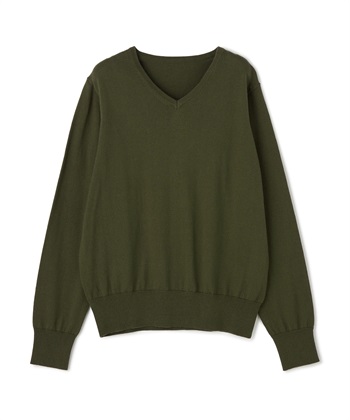 《洗える》綿100％Vネックベーシックニット(カーキ-Ｍ)