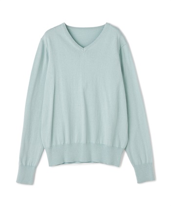 《洗える》綿100％Vネックベーシックニット(ライトブルー-Ｍ)