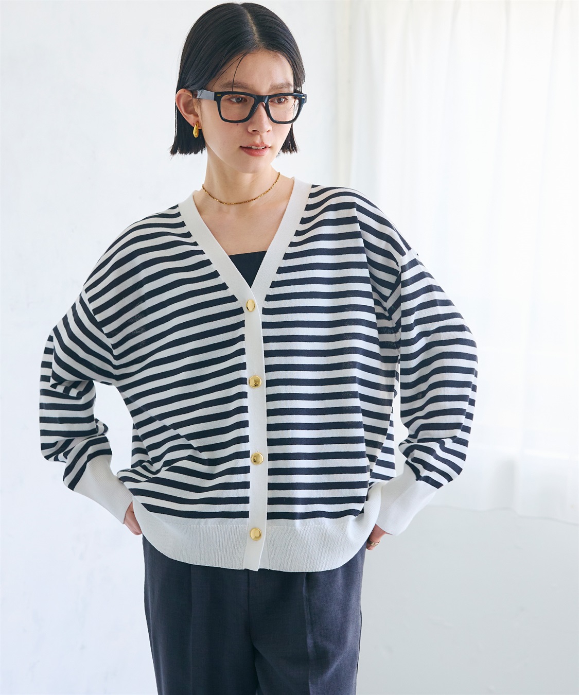 CROSS FUNCTION 《洗える》金釦ボーダーVネックカーディガン_main