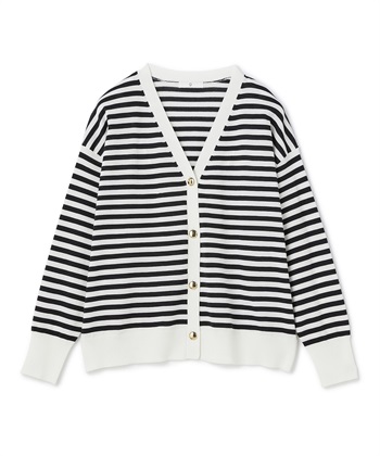 《洗える》金釦ボーダーVネックカーディガン(オフ-Ｍ)