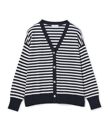 《洗える》金釦ボーダーVネックカーディガン(ネイビー-Ｍ)