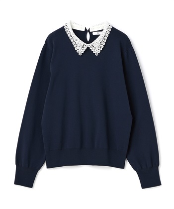《洗える》サマ美え レース襟ニットプルオーバー(ネイビー-Ｍ)