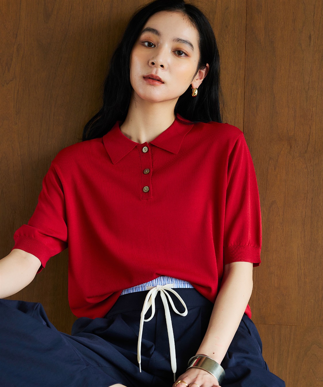 CROSS FUNCTION 《洗える》サマ美え 配色サマーニットポロトップス_main