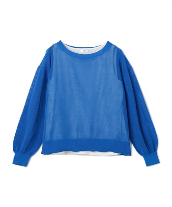 《洗える》エブ楽 クラフトメッシュニットアンサンブル(ブルー-Ｍ)