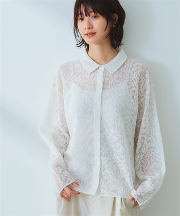 《洗える》サマ美え シアージャガードレースニットカーディガン(オフ-Ｍ)