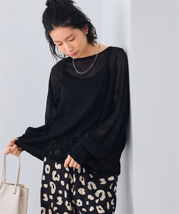 《洗える》エブ楽 シアールーズニット＆キャミソールセット(ブラック-Ｍ)