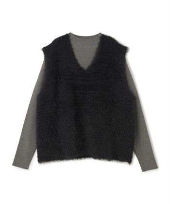 《洗える》エブ楽 フェザーニットベスト＆リブニットセット(チャコール-Ｍ)