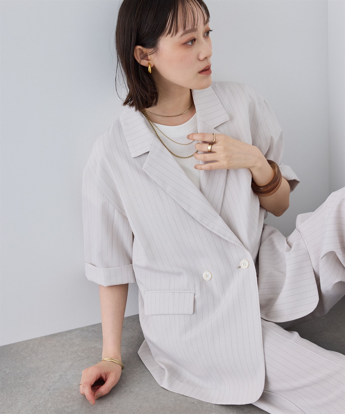CROSS FUNCTION 《防シワ》リネンライクストライプハーフスリーブジャケット_main