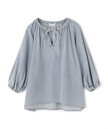 《撥水》FRESH DENIM デニムカフタンボリュームスリーブブラウス(サックス-Ｍ)