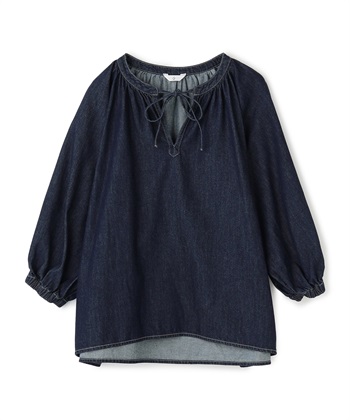 《撥水》FRESH DENIM デニムカフタンボリュームスリーブブラウス(ネイビー-Ｍ)