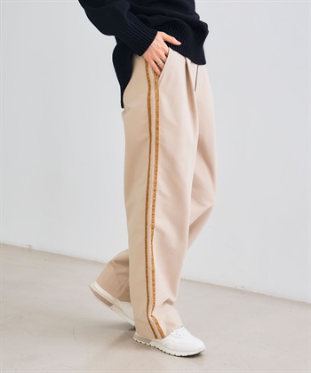 《洗える》エブ楽 ジャージーベロアサイドラインパンツ(グレージュ-Ｍ)