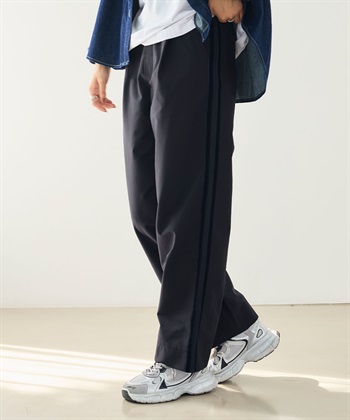 《洗える》エブ楽 ジャージーベロアサイドラインパンツ(ブラック-Ｍ)