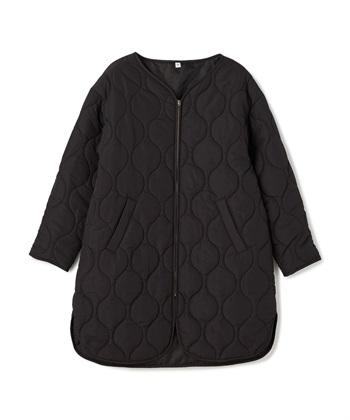 《撥水》エブ楽 ノーカラーキルティングコート(ブラック-Ｍ)