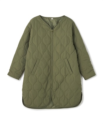 《撥水》エブ楽 ノーカラーキルティングコート(カーキ-Ｍ)