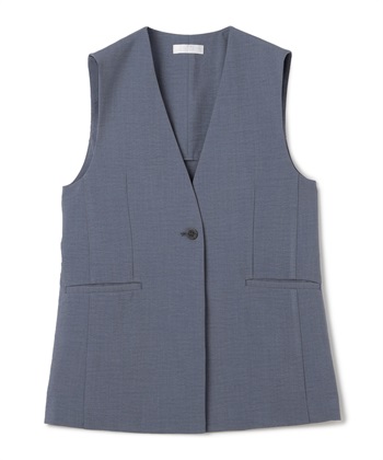 《シワになりにくい》サマナチュラ リネンライクノーカラーVネックジレ(ブルー-Ｍ)