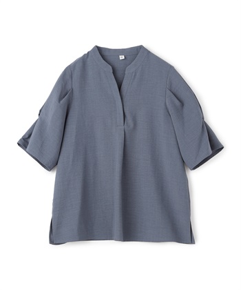 《シワになりにくい》サマナチュラ リネンライクスキッパーブラウス(ブルー-Ｍ)