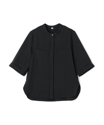《シワになりにくい》サマナチュラ リネンライクバンドカラーハーフスリーブブラウス(チャコール-Ｍ)