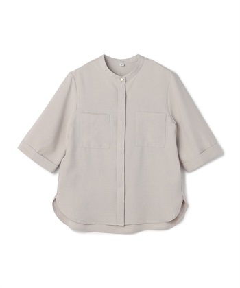 《シワになりにくい》サマナチュラ リネンライクバンドカラーハーフスリーブブラウス(オフベージュ-Ｍ)