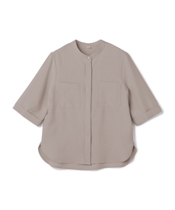 《シワになりにくい》サマナチュラ リネンライクバンドカラーハーフスリーブブラウス(モカ-Ｍ)