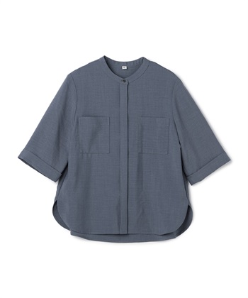 《シワになりにくい》サマナチュラ リネンライクバンドカラーハーフスリーブブラウス(ブルー-Ｍ)