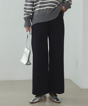 《ストレッチ》エブ楽 裏起毛ワイドストレートパンツ(ブラック-Ｓ)