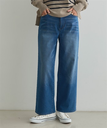 《ストレッチ》エブ楽 裏起毛ワイドストレートパンツ(ブルー-Ｓ)