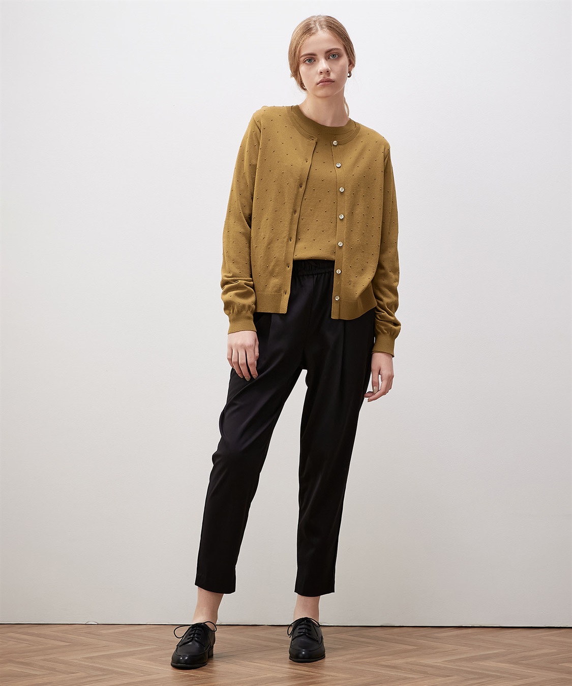 ルスーク カーディガン トップス カジュアル ラウンドネック チェック 日本製 ルスークホリデー LE SOUK HOLIDAY シアーカーディガン （グリーン