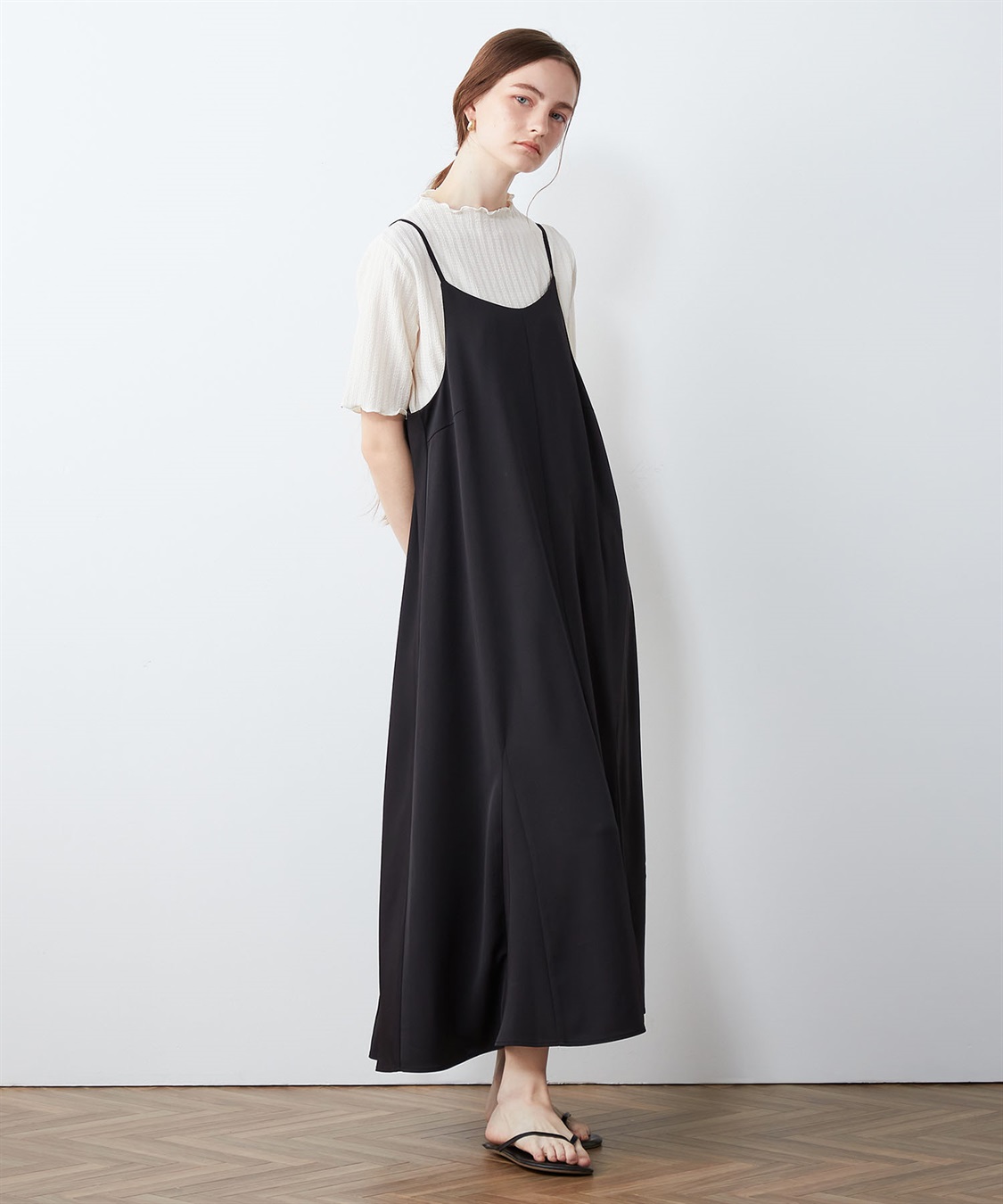 HERMESシルクキャミワンピース38 キャミワンピース ロング Vネック レディース サテン