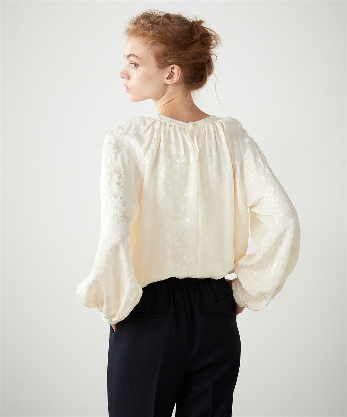 [ねこ] Greed International レースブラウス Shiny Flower Jacquard Puff Blouse｜Greed International