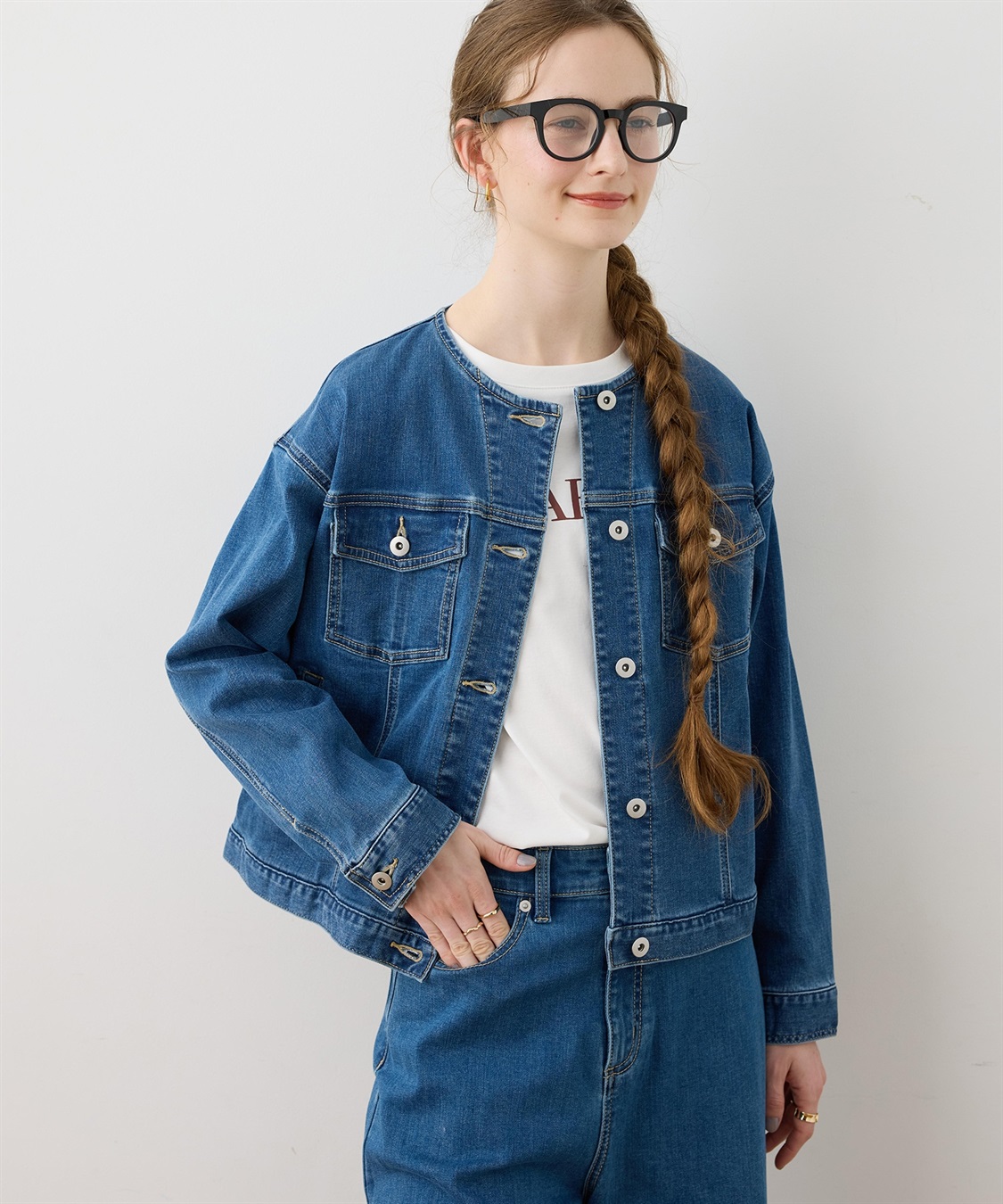 LE SOUK HOLIDAY ノーカラーストレッチデニムジャケット_sub_1