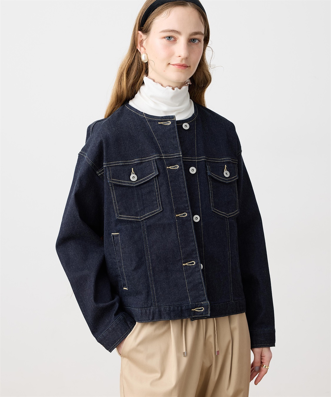 LE SOUK HOLIDAY ノーカラーストレッチデニムジャケット_sub_2