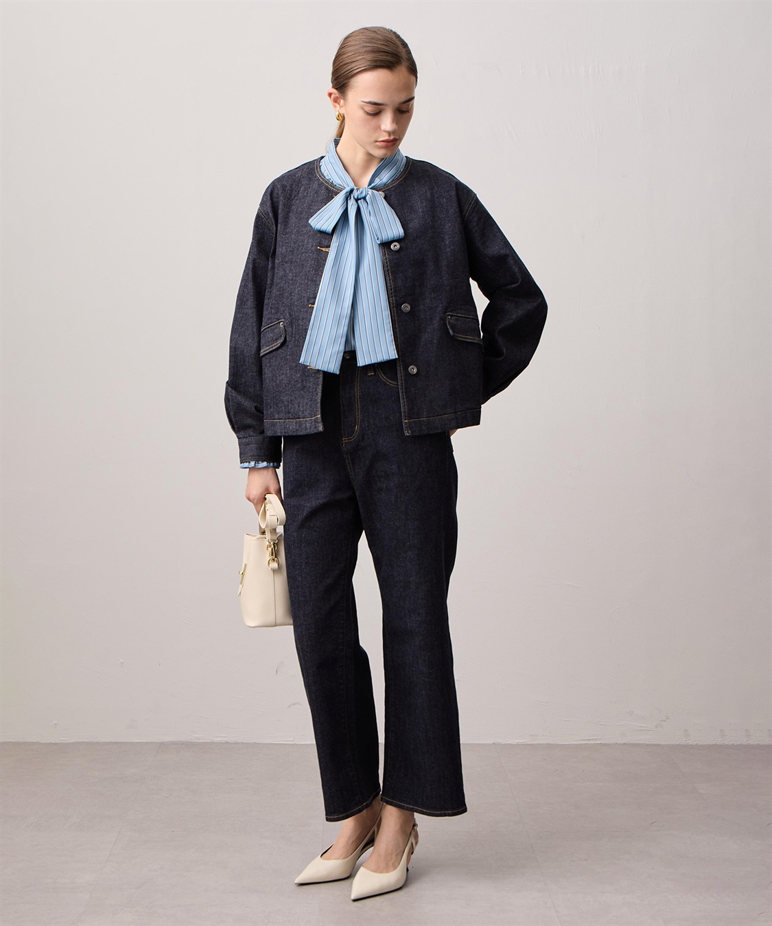 LE SOUK HOLIDAY ストレッチデニムノーカラーブルゾン_sub_11
